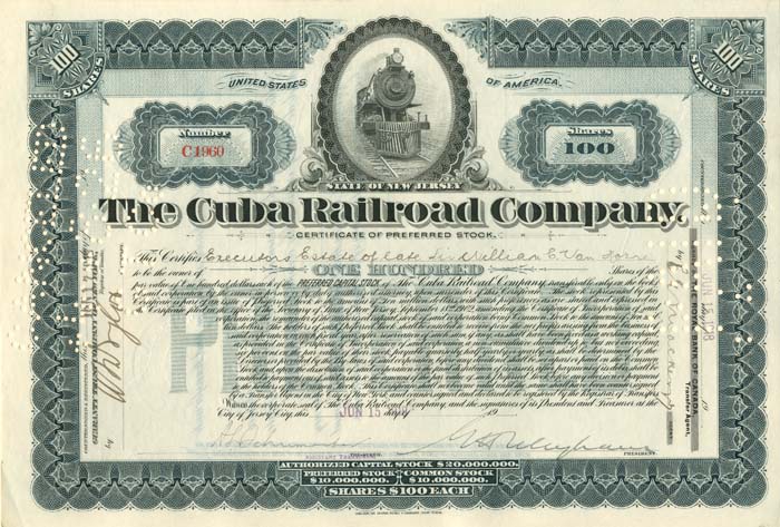 Cuba Railroad Co. - Issued to Estate of Sir William C. Van Horne - Stock Certificate